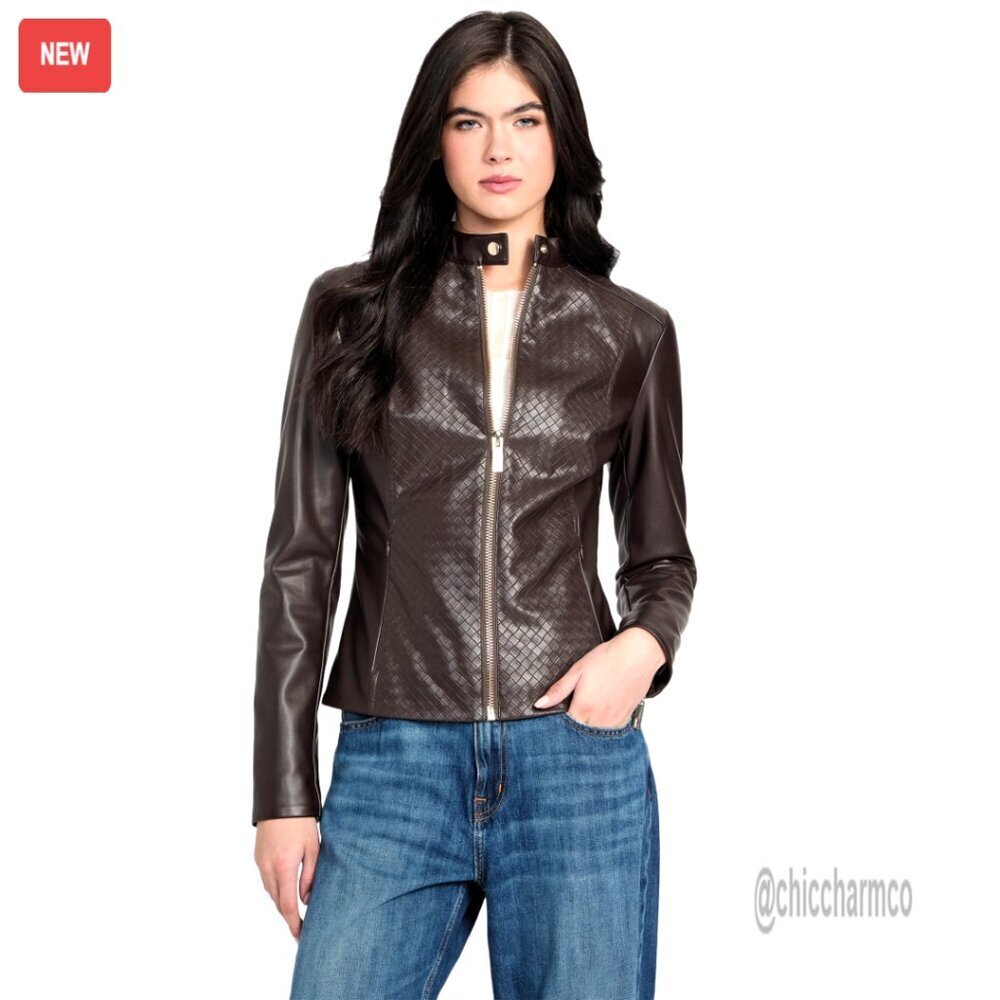 Faux Leather Biker Jacket with Zip Cuffs and Snap Collar